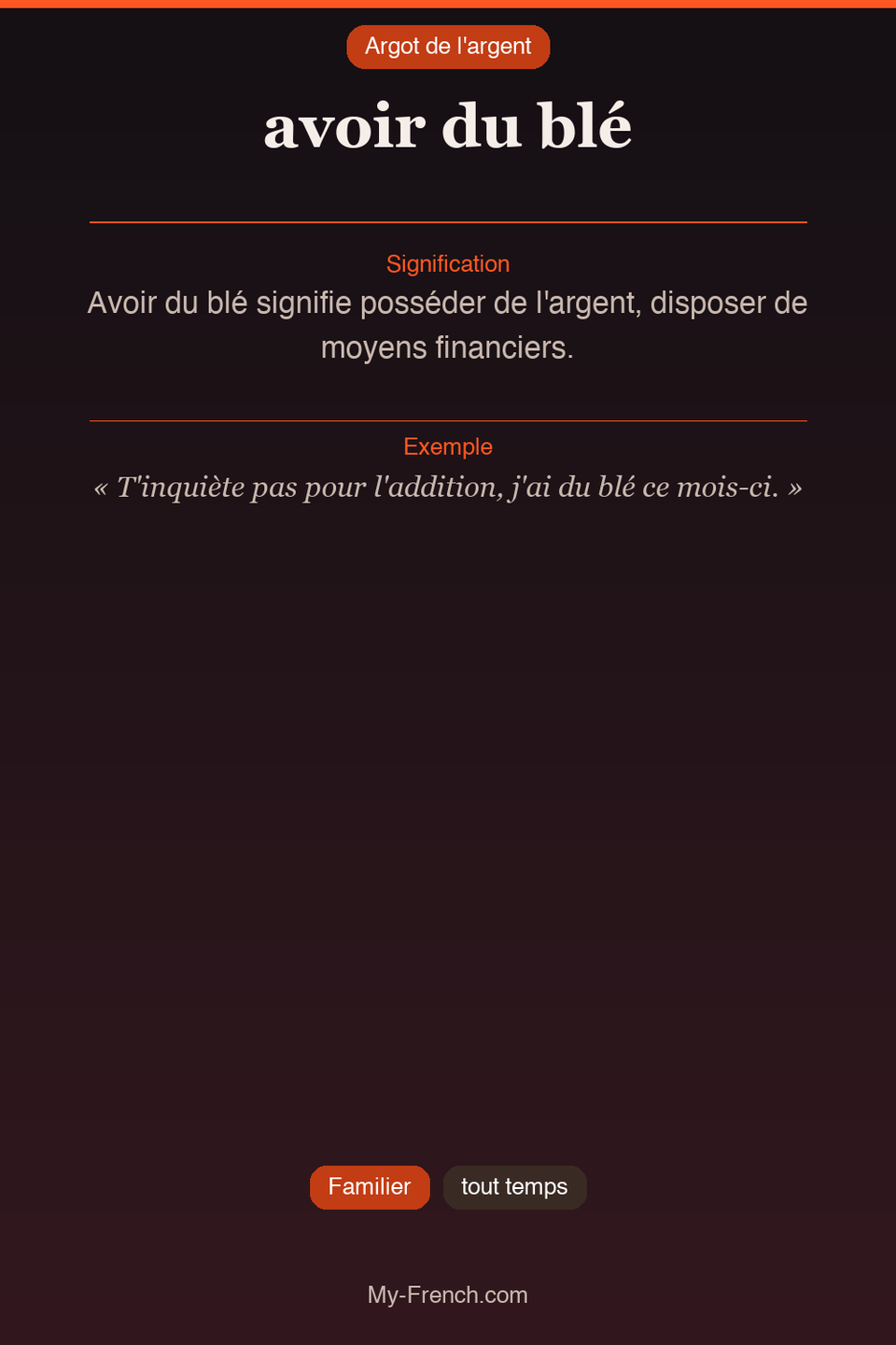 Argot français : « avoir du blé »