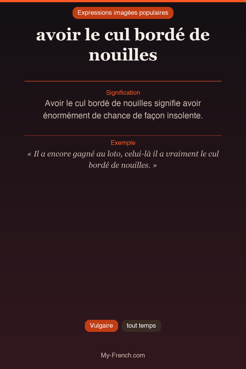 Argot français : « avoir le cul bordé de nouilles »