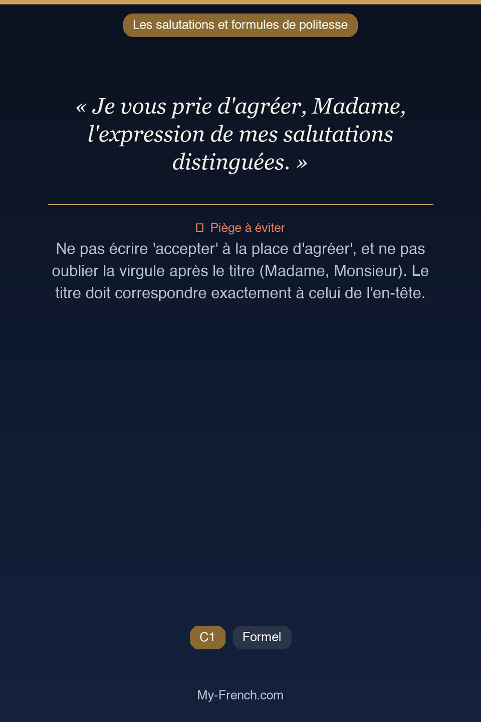 Français des affaires : « Je vous prie d'agréer, Madame, l'expression de mes salutations disting »