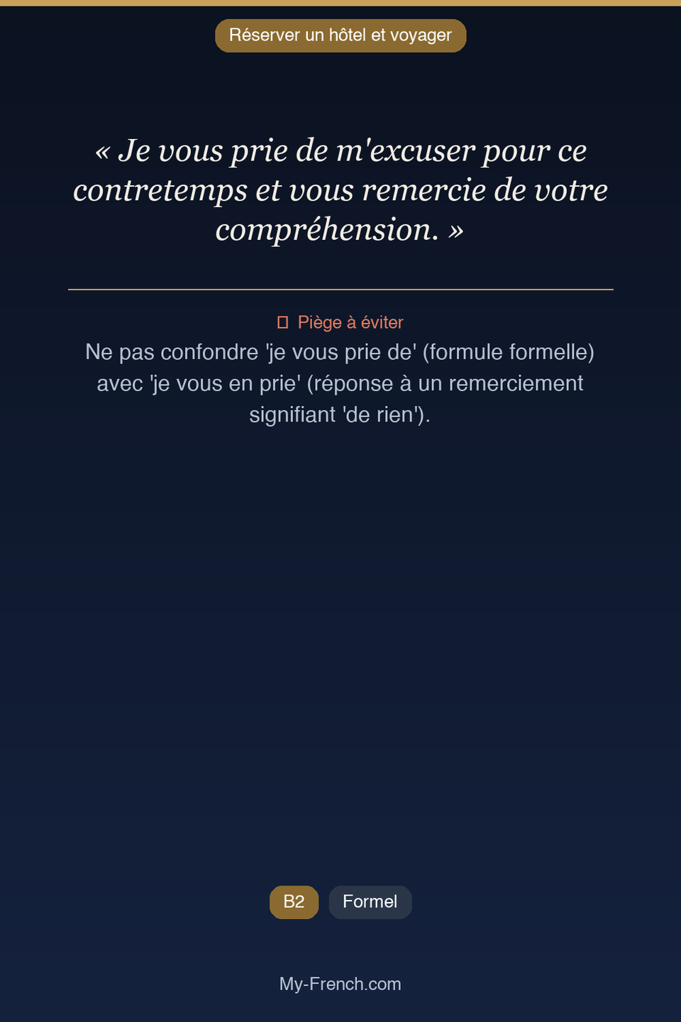Français des affaires : « Je vous prie de m'excuser pour ce contretemps et vous remercie de votr »