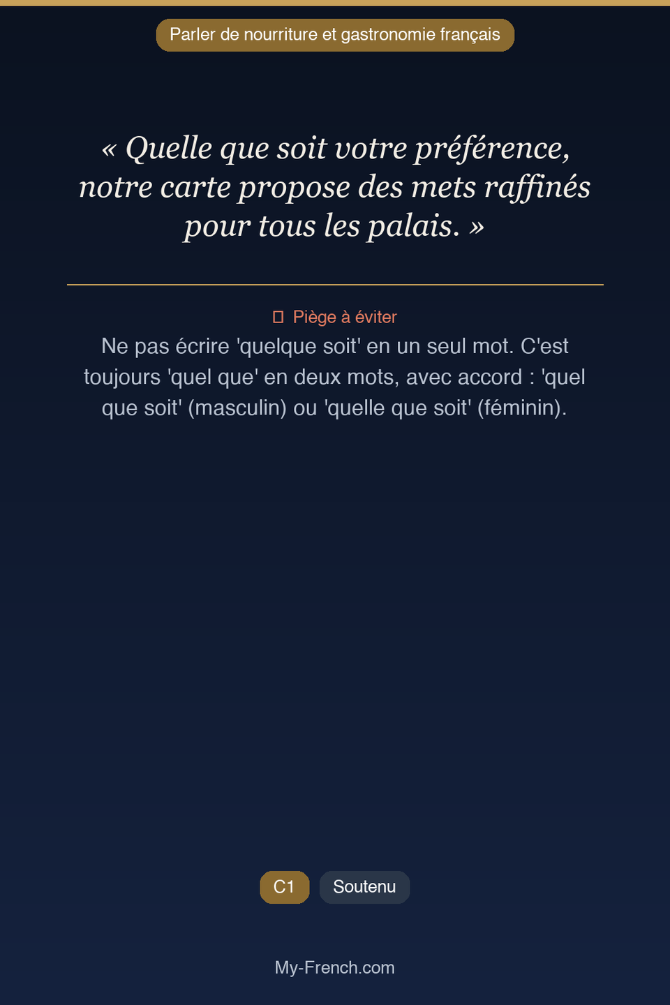 Français des affaires : « Quelle que soit votre préférence, notre carte propose des mets raffiné »