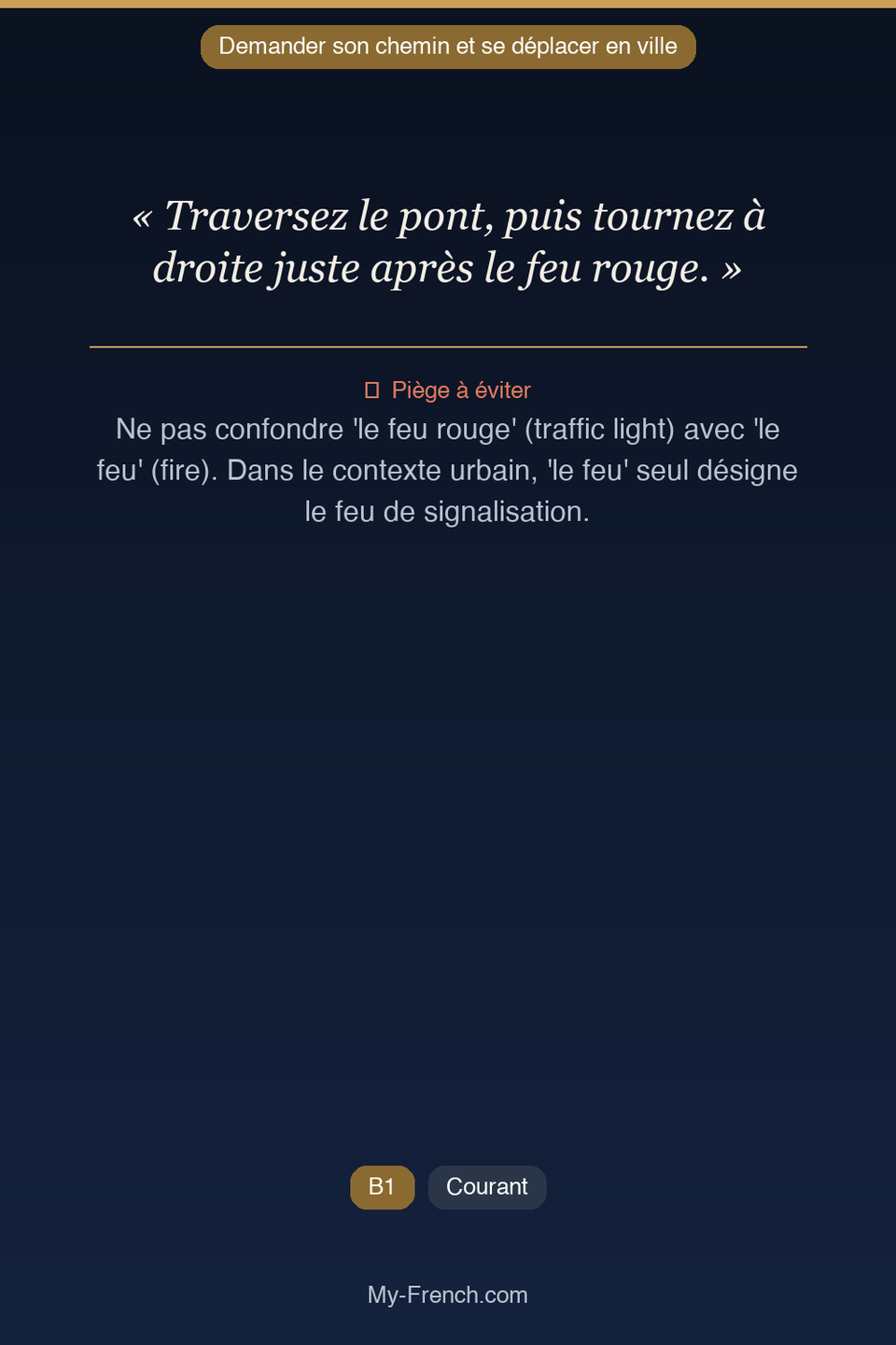 Français des affaires : « Traversez le pont, puis tournez à droite juste après le feu rouge. »