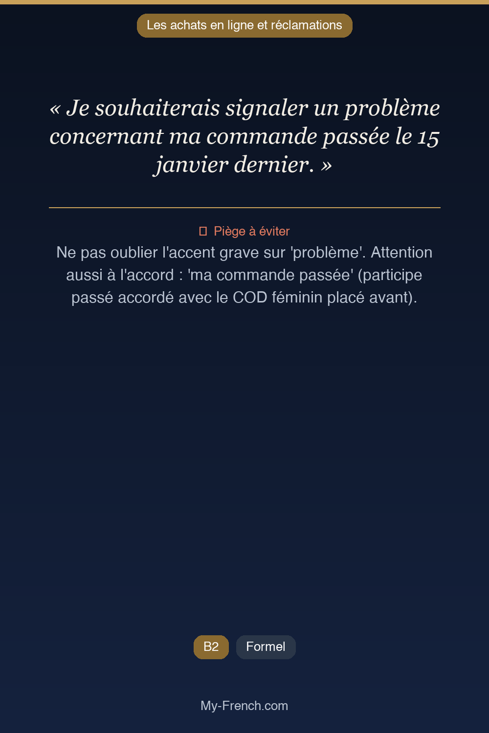 Français des affaires : « Je souhaiterais signaler un problème concernant ma commande passée le  »
