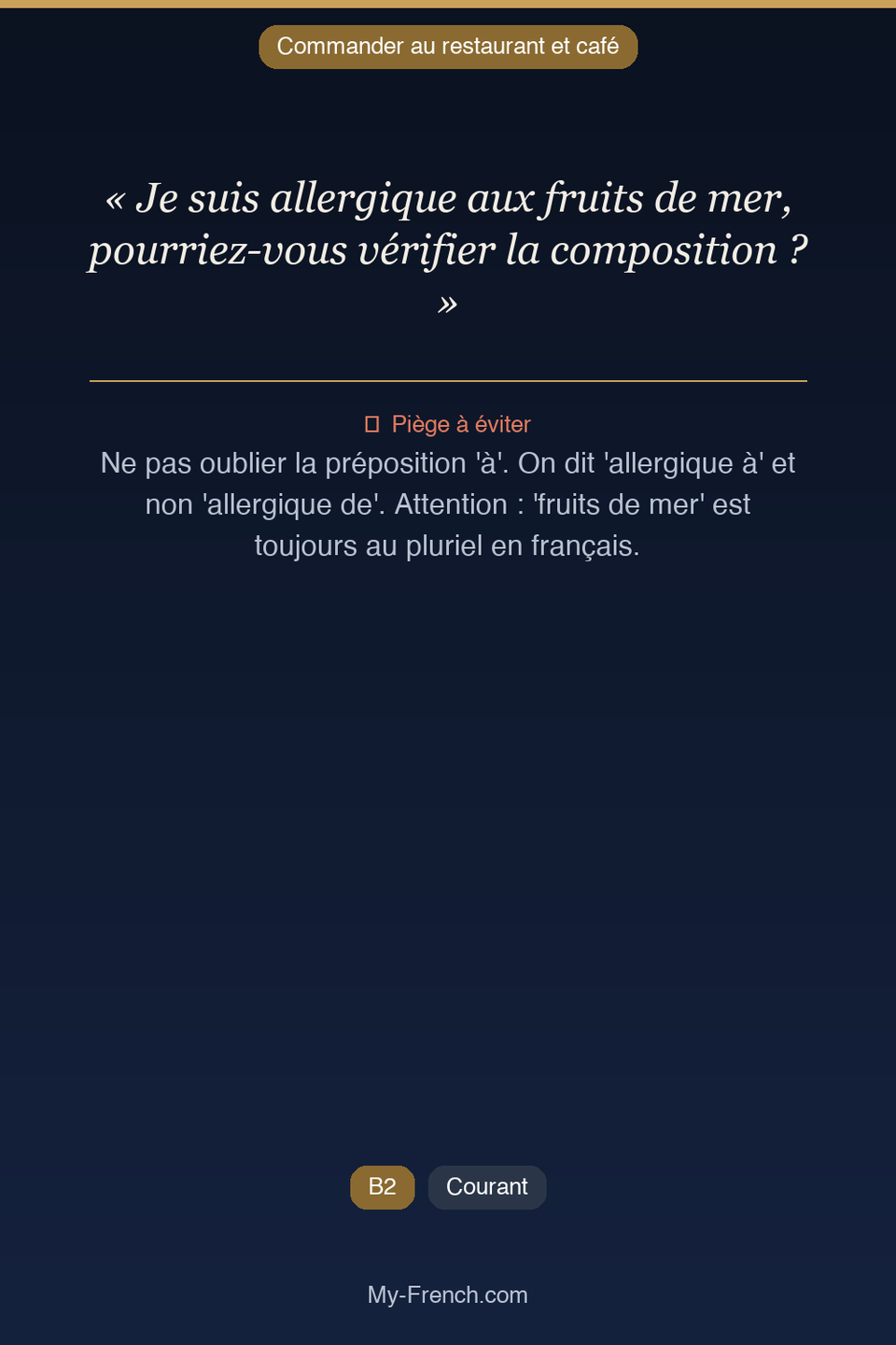 Français des affaires : « Je suis allergique aux fruits de mer, pourriez-vous vérifier la compos »