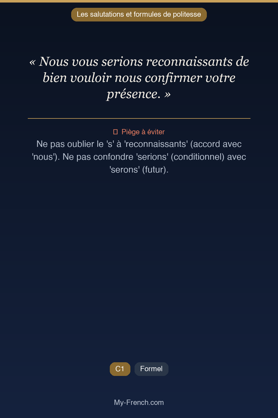 Français des affaires : « Nous vous serions reconnaissants de bien vouloir nous confirmer votre  »