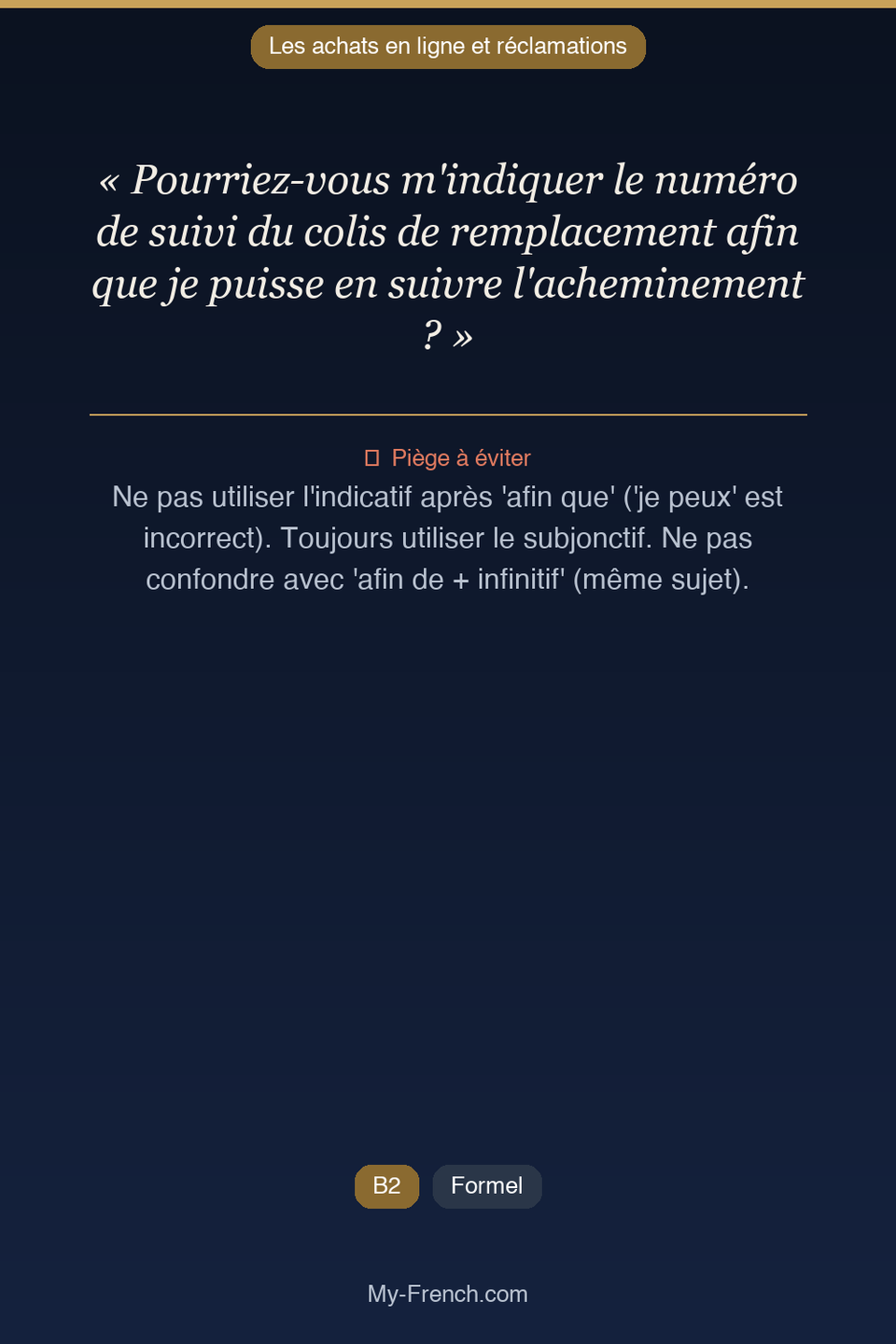 Français des affaires : « Pourriez-vous m'indiquer le numéro de suivi du colis de remplacement a »
