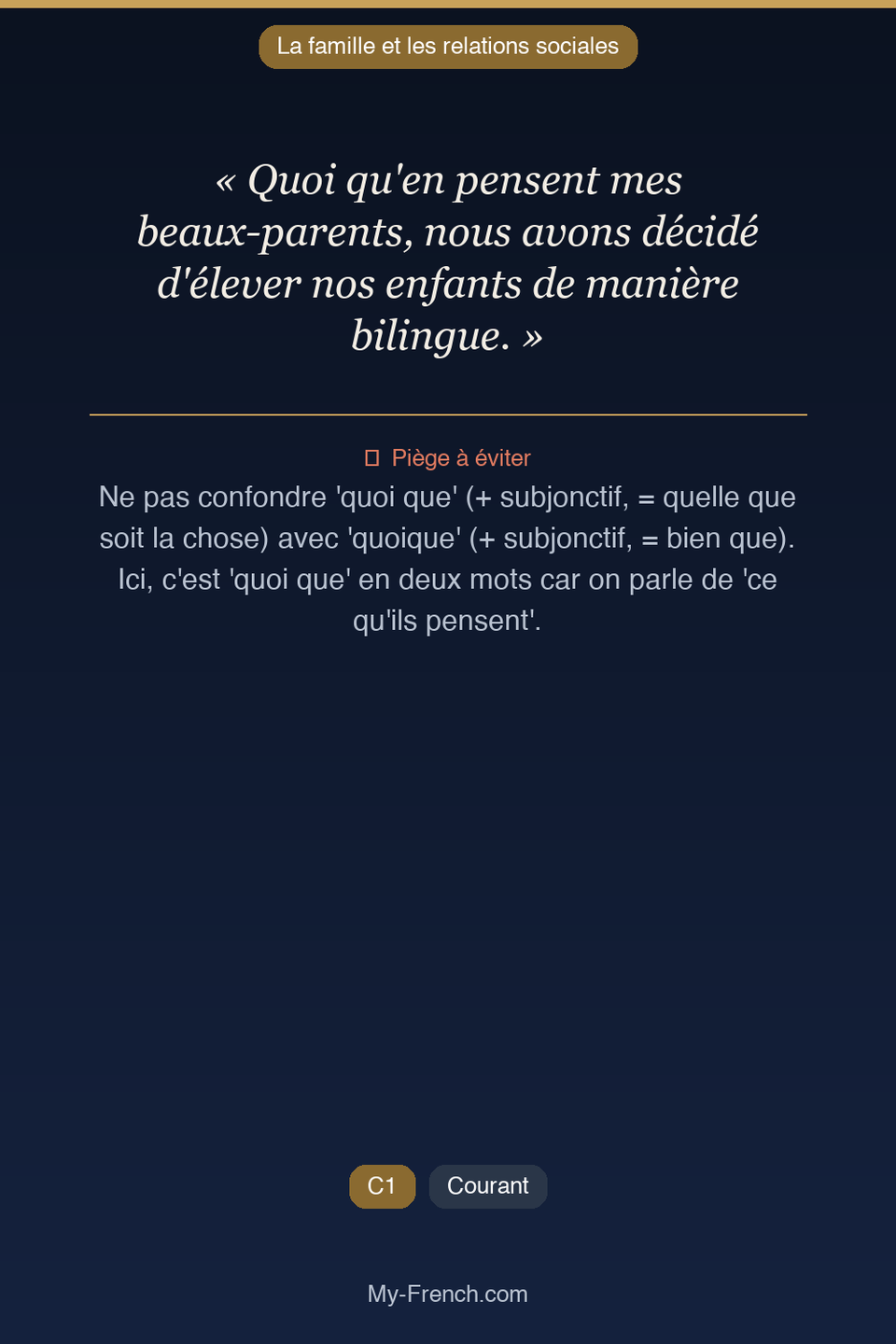 Français des affaires : « Quoi qu'en pensent mes beaux-parents, nous avons décidé d'élever nos e »