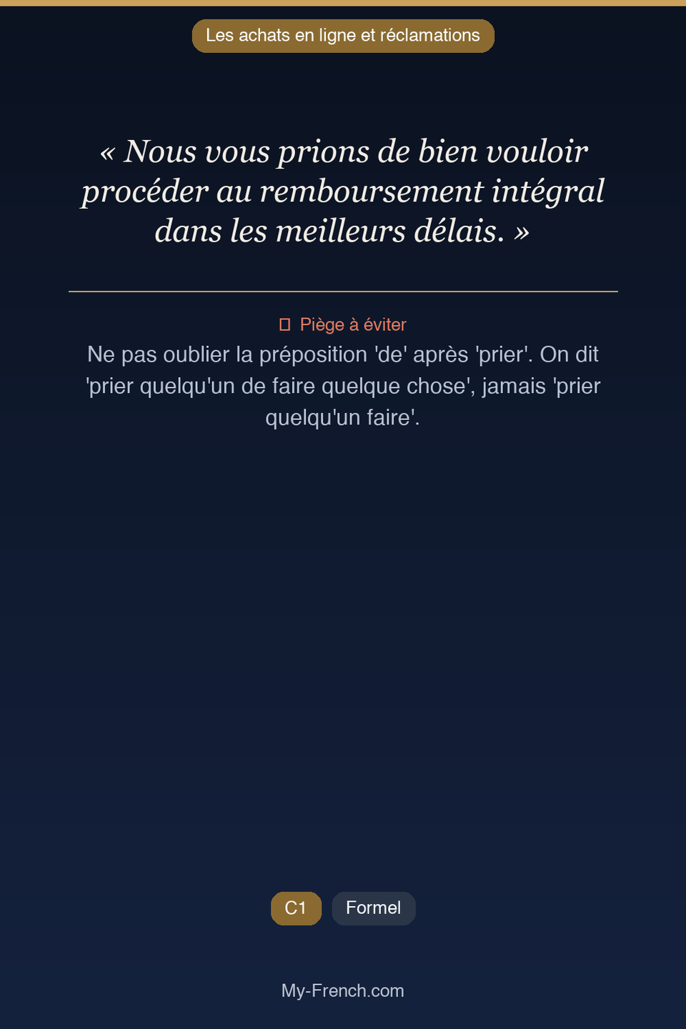 Français des affaires : « Nous vous prions de bien vouloir procéder au remboursement intégral da »