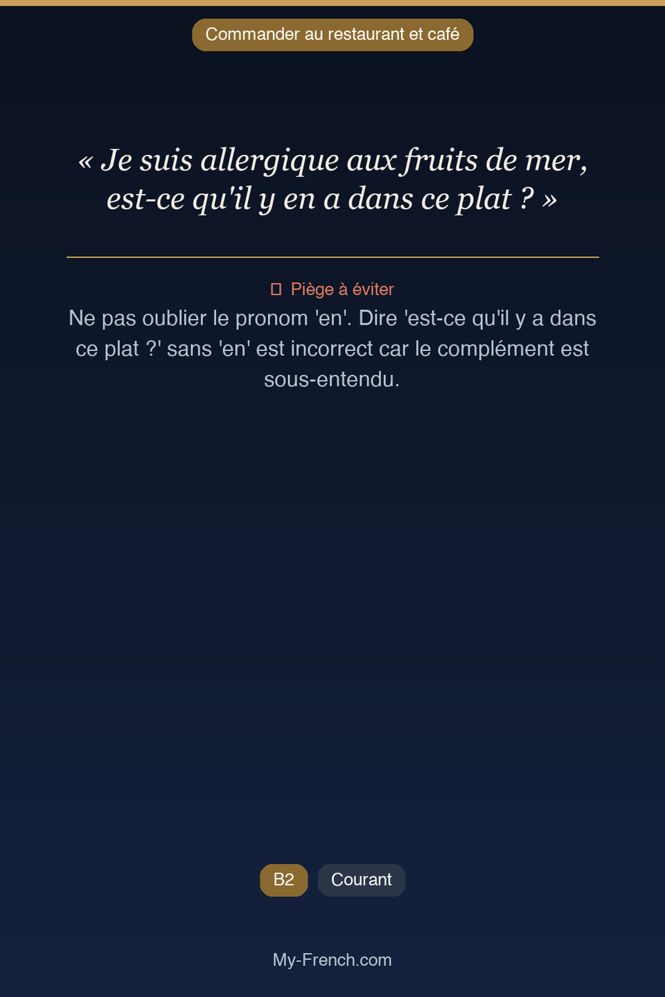 Français des affaires : « Je suis allergique aux fruits de mer, est-ce qu'il y en a dans ce plat »