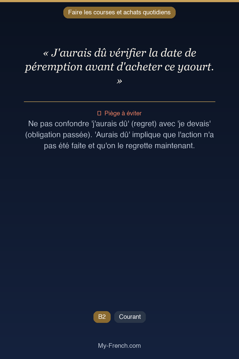 Français des affaires : « J'aurais dû vérifier la date de péremption avant d'acheter ce yaourt. »