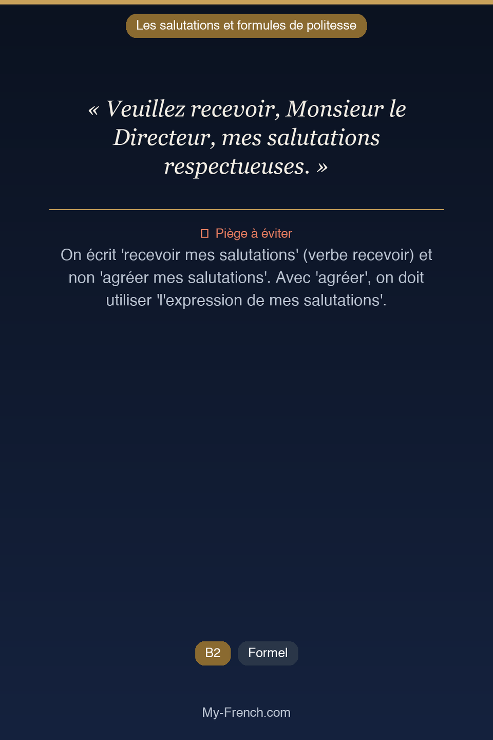 Français des affaires : « Veuillez recevoir, Monsieur le Directeur, mes salutations respectueuse »