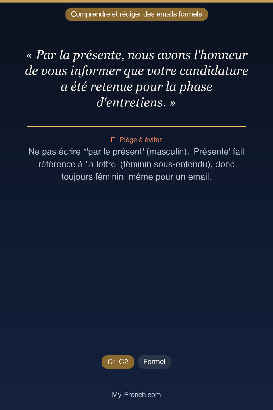 Français des affaires : « Par la présente, nous avons l'honneur de vous informer que votre candi »