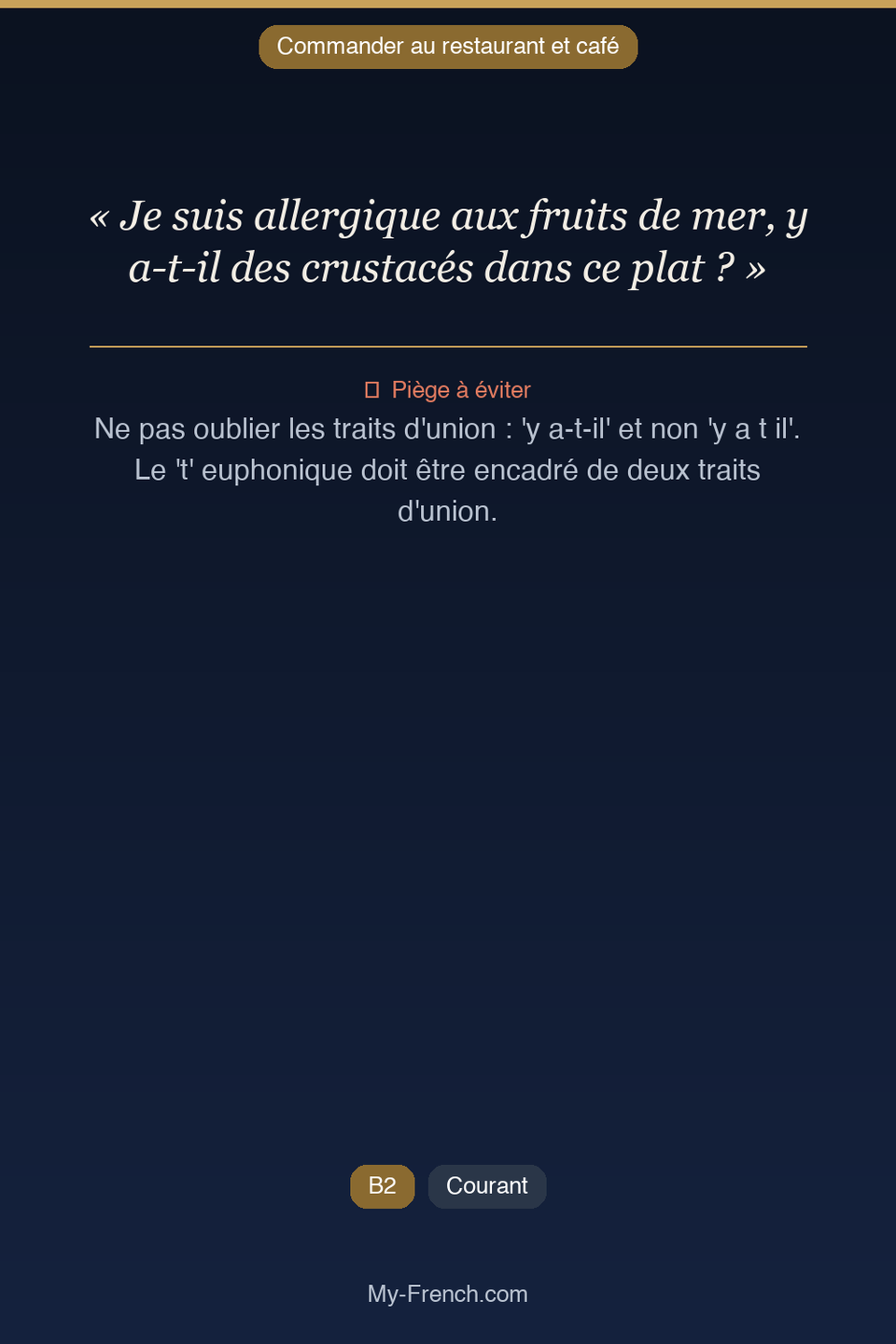 Français des affaires : « Je suis allergique aux fruits de mer, y a-t-il des crustacés dans ce p »