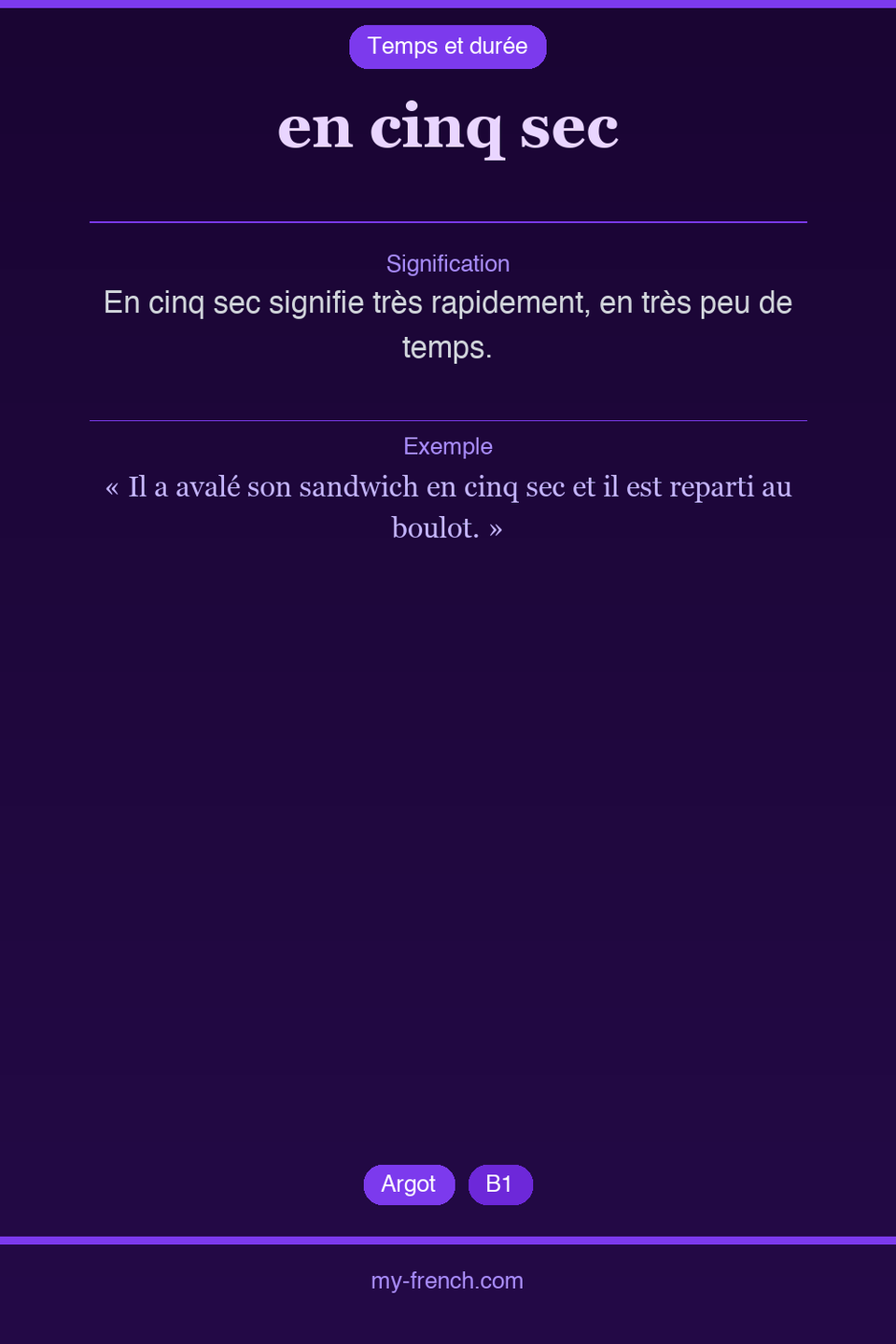 en cinq sec : que veut dire cette expression ?