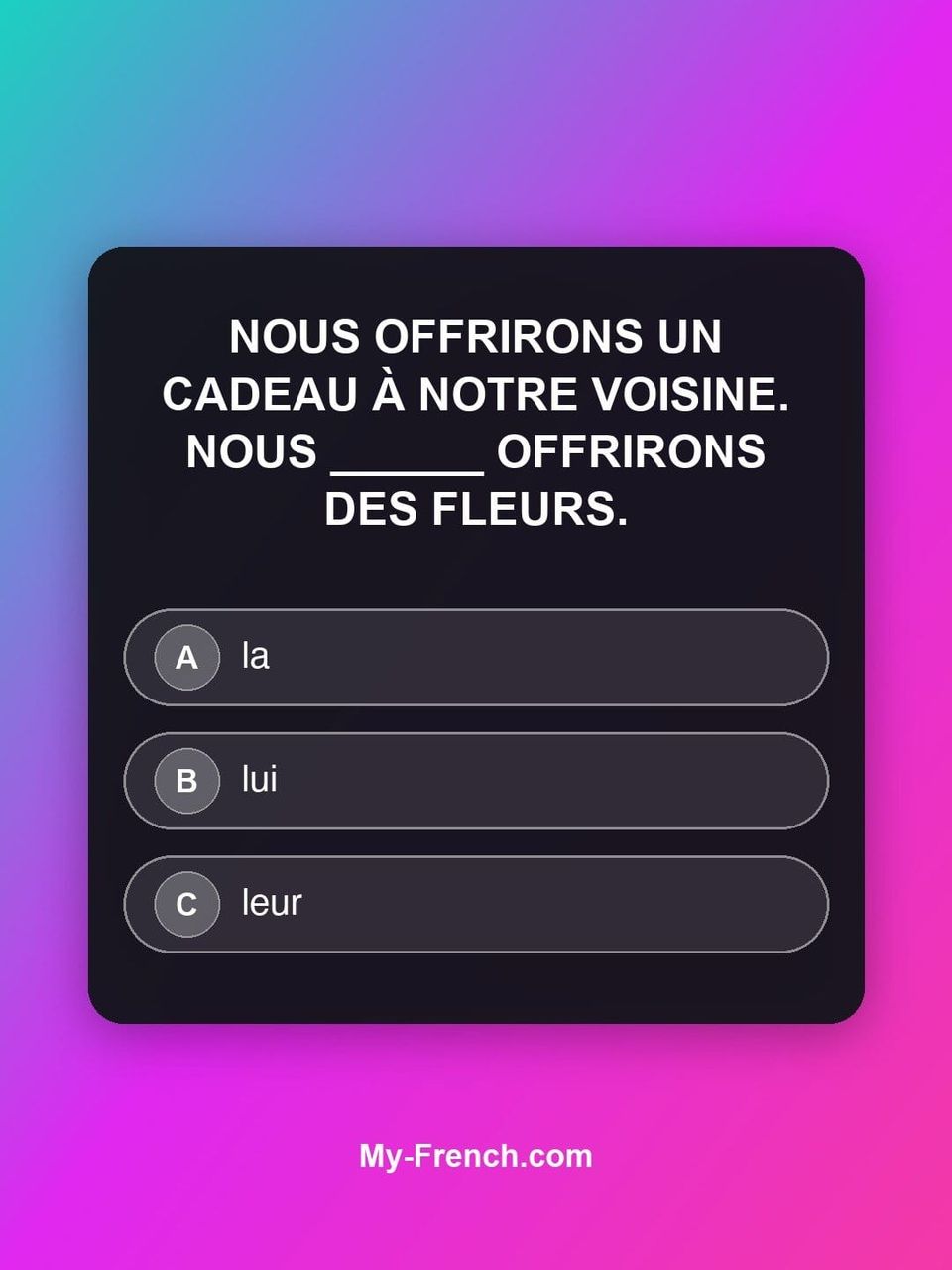 Quiz de français — Niveau B1 : Nous offrirons un cadeau à notre voisine. Nous ______ offrirons des fl