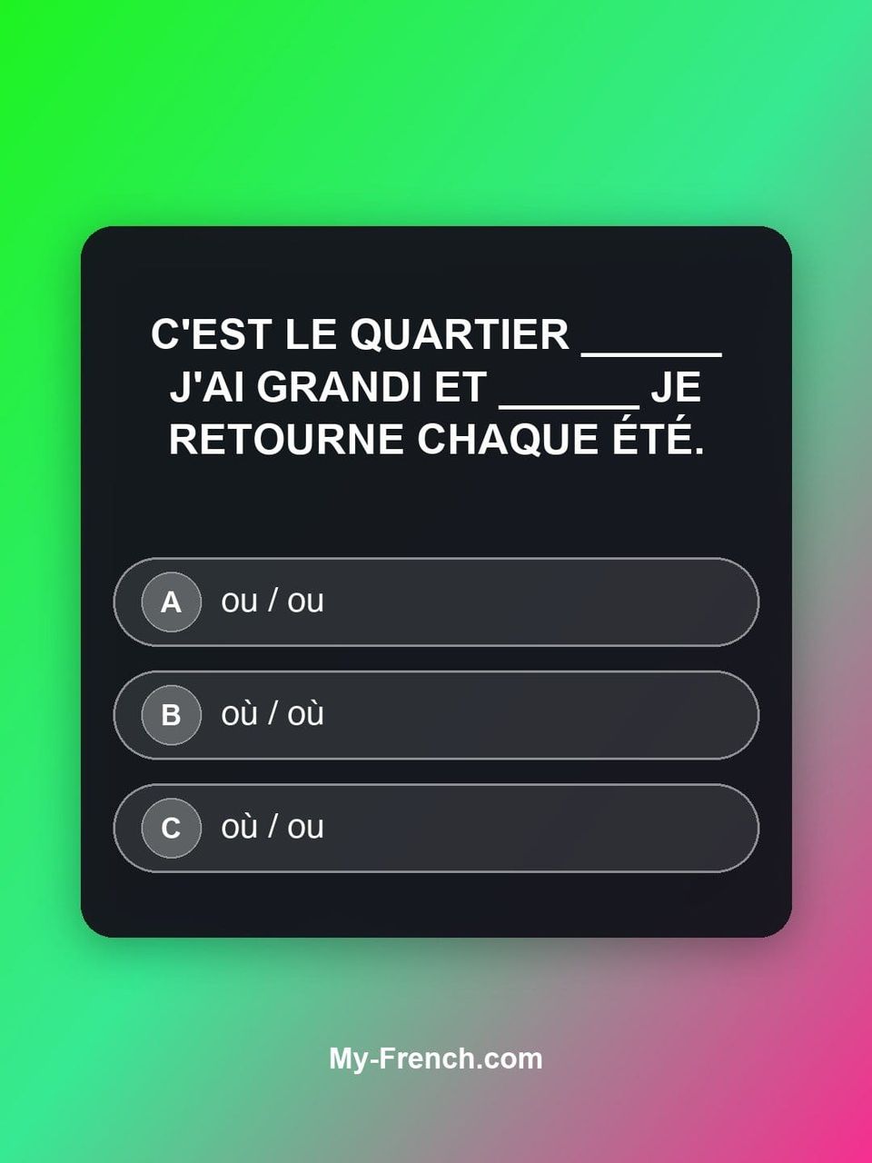 Quiz de français — Niveau B2 : C'est le quartier ______ j'ai grandi et ______ je retourne chaque été.
