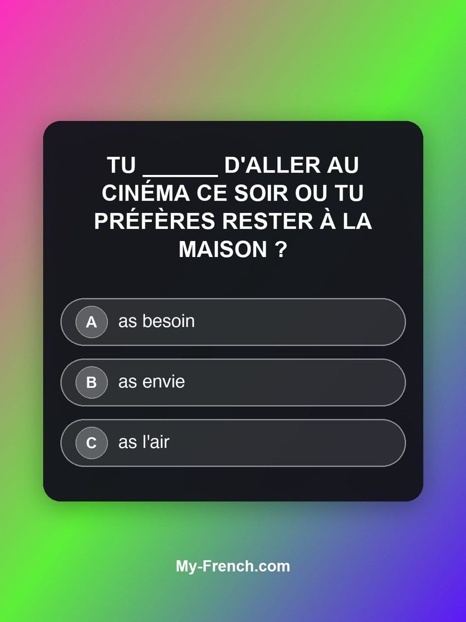 Quiz de français — Niveau B1 : Tu ______ d'aller au cinéma ce soir ou tu préfères rester à la maison