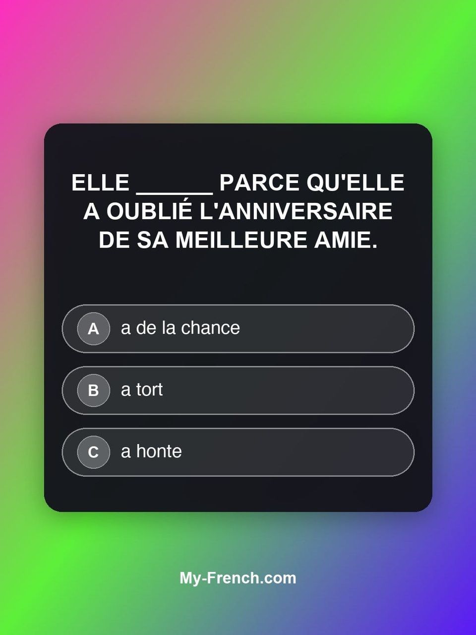 Quiz de français — Niveau B1 : Elle ______ parce qu'elle a oublié l'anniversaire de sa meilleure amie