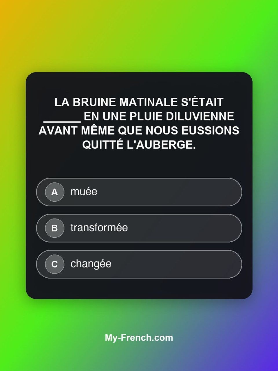 Quiz de français — Niveau C2 : La bruine matinale s'était ______ en une pluie diluvienne avant même q