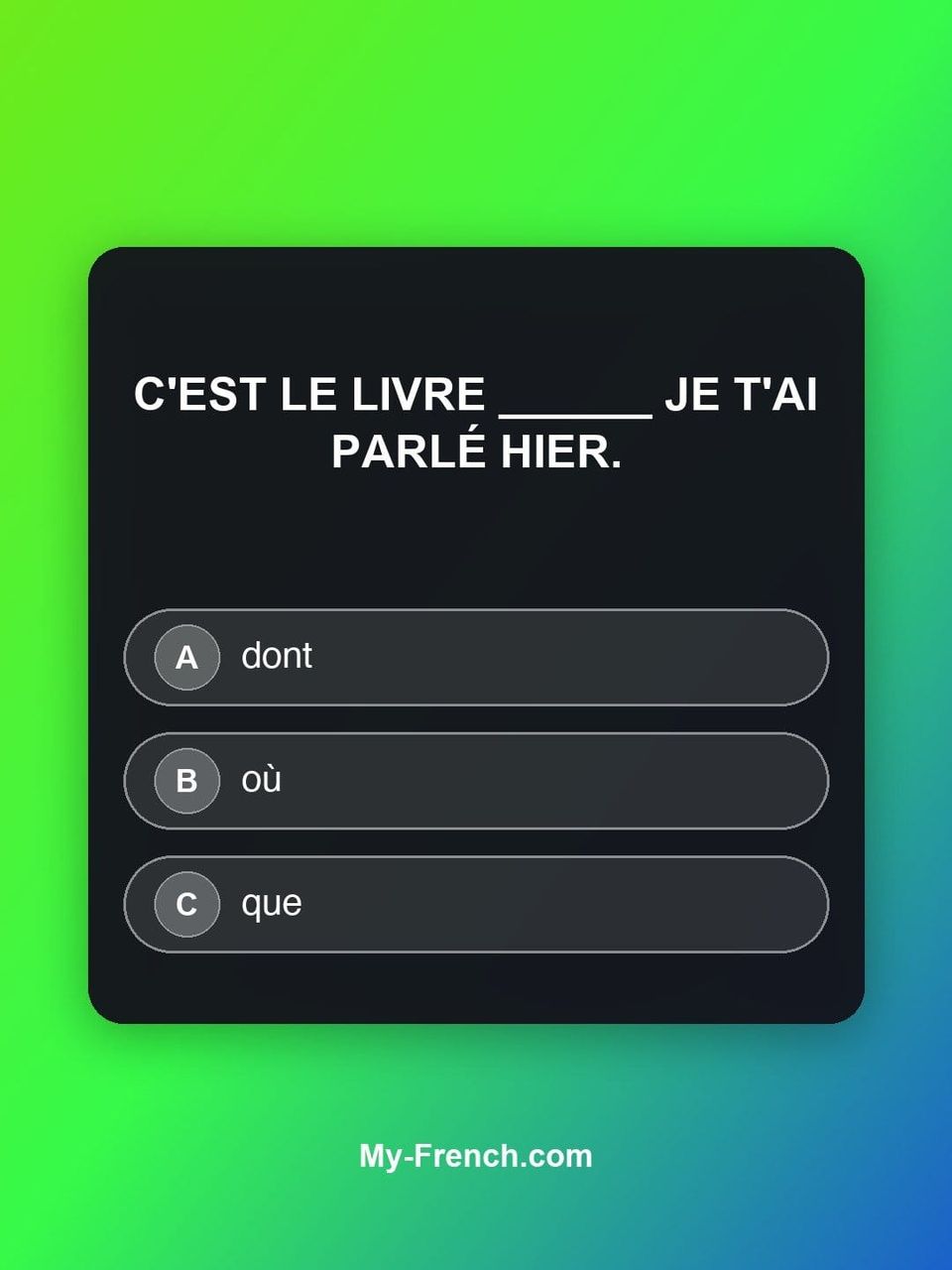 Quiz de français — Niveau A2 : C'est le livre ______ je t'ai parlé hier.