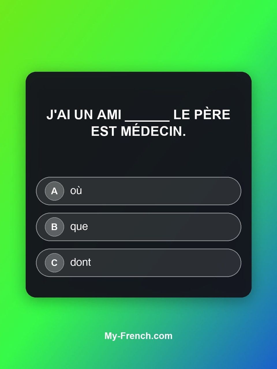 Quiz de français — Niveau A2 : J'ai un ami ______ le père est médecin.