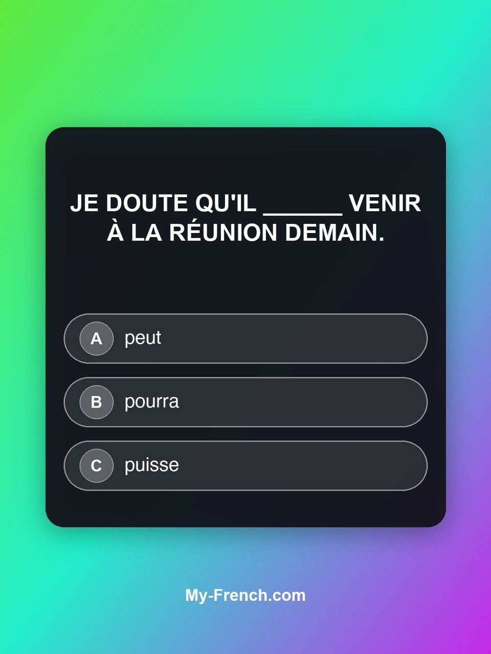 Quiz de français — Niveau B2 : Je doute qu'il ______ venir à la réunion demain.