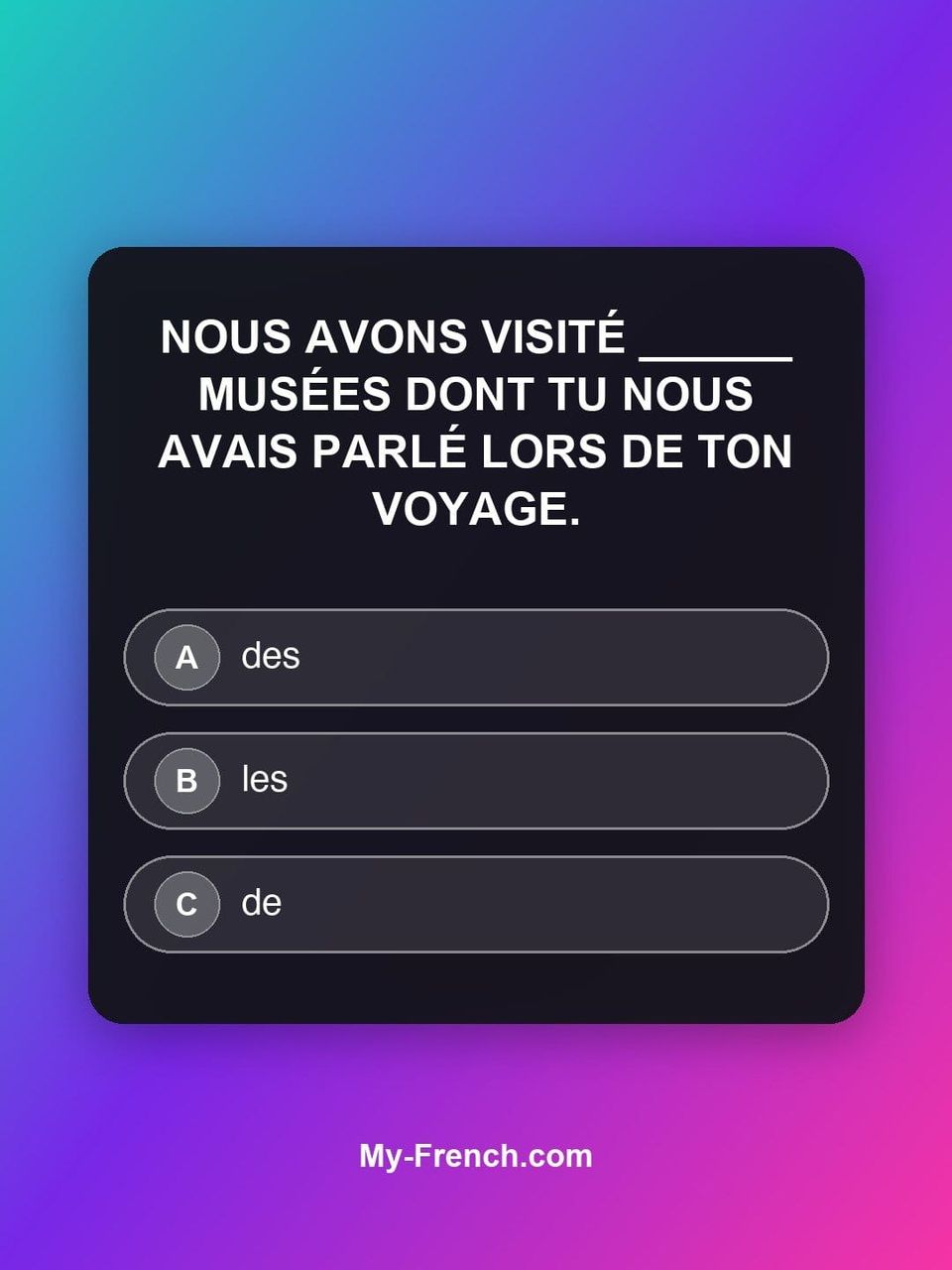 Quiz de français — Niveau B2 : Nous avons visité ______ musées dont tu nous avais parlé lors de ton v