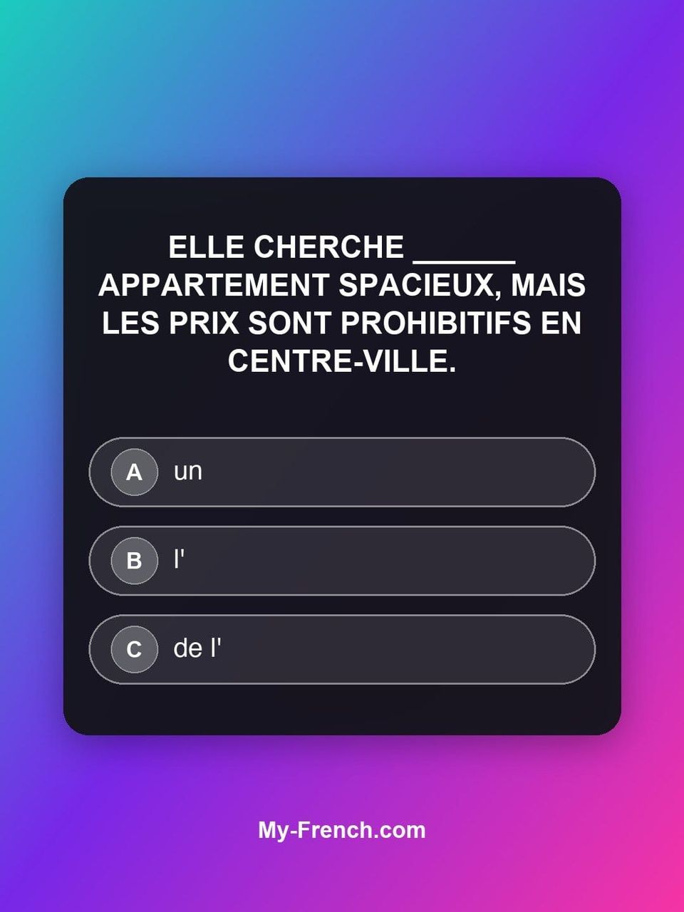 Quiz de français — Niveau B2 : Elle cherche ______ appartement spacieux, mais les prix sont prohibiti