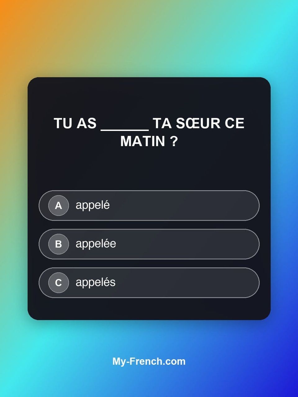 Quiz de français — Niveau A2 : Tu as ______ ta sœur ce matin ?