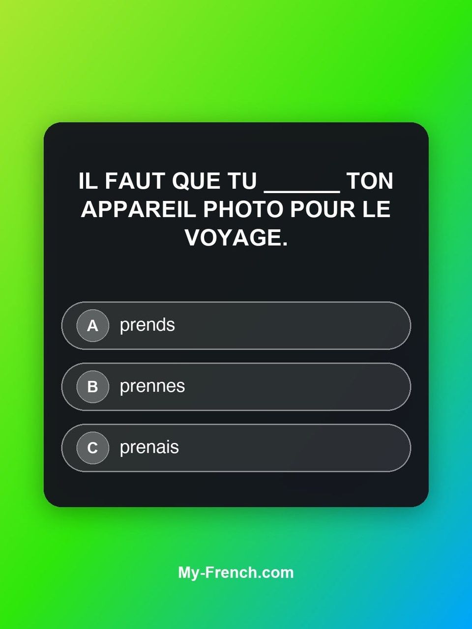Quiz de français — Niveau B1 : Il faut que tu ______ ton appareil photo pour le voyage.