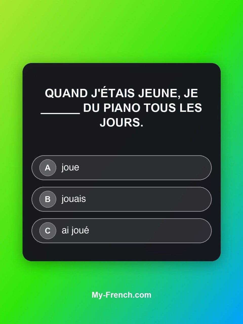 Quiz de français — Niveau B1 : Quand j'étais jeune, je ______ du piano tous les jours.