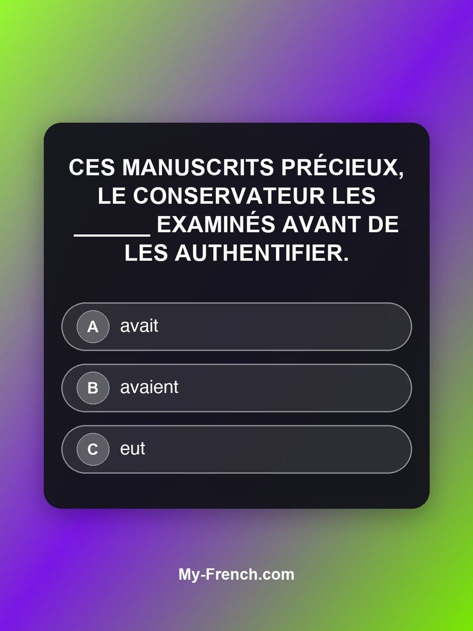 Quiz de français — Niveau C2 : Ces manuscrits précieux, le conservateur les ______ examinés avant de