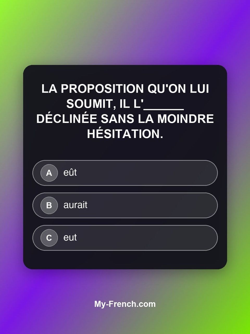 Quiz de français — Niveau C2 : La proposition qu'on lui soumit, il l'______ déclinée sans la moindre