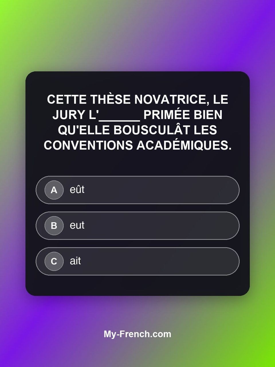 Quiz de français — Niveau C2 : Cette thèse novatrice, le jury l'______ primée bien qu'elle bousculât