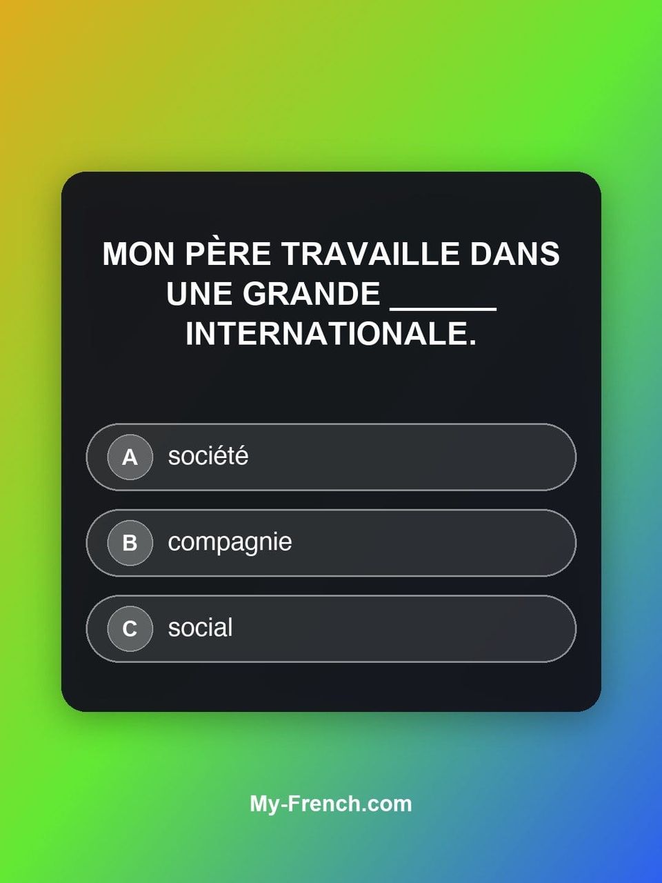 Quiz de français — Niveau A1 : Mon père travaille dans une grande ______ internationale.