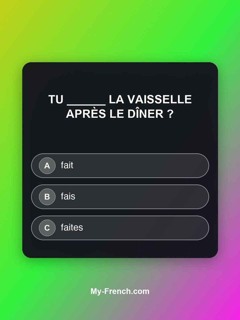Quiz de français — Niveau A1 : Tu ______ la vaisselle après le dîner ?
