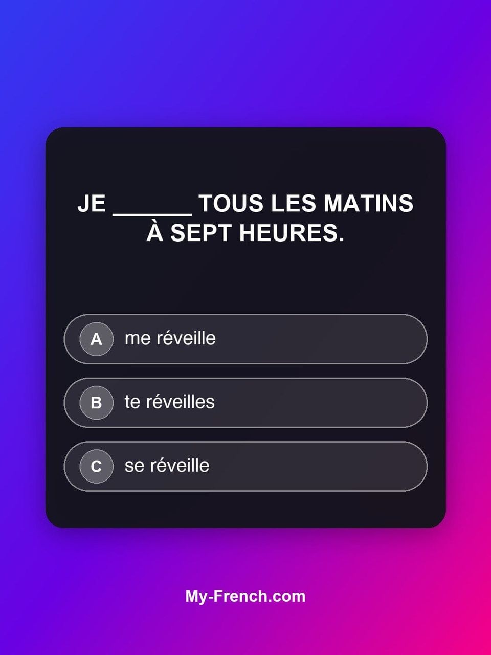 Quiz de français — Niveau A1 : Je ______ tous les matins à sept heures.