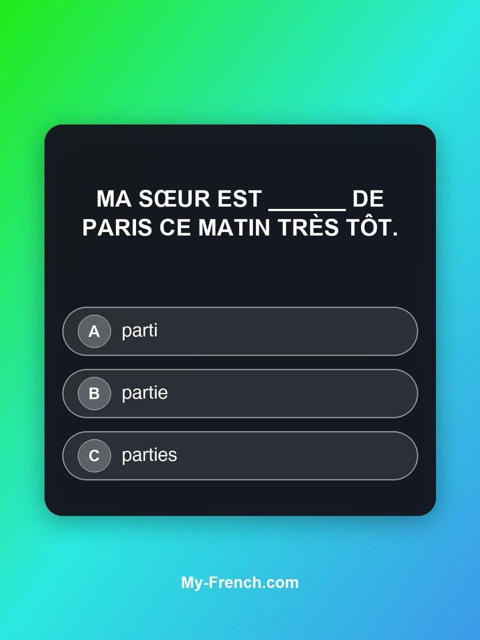 Quiz de français — Niveau B1 : Ma sœur est ______ de Paris ce matin très tôt.