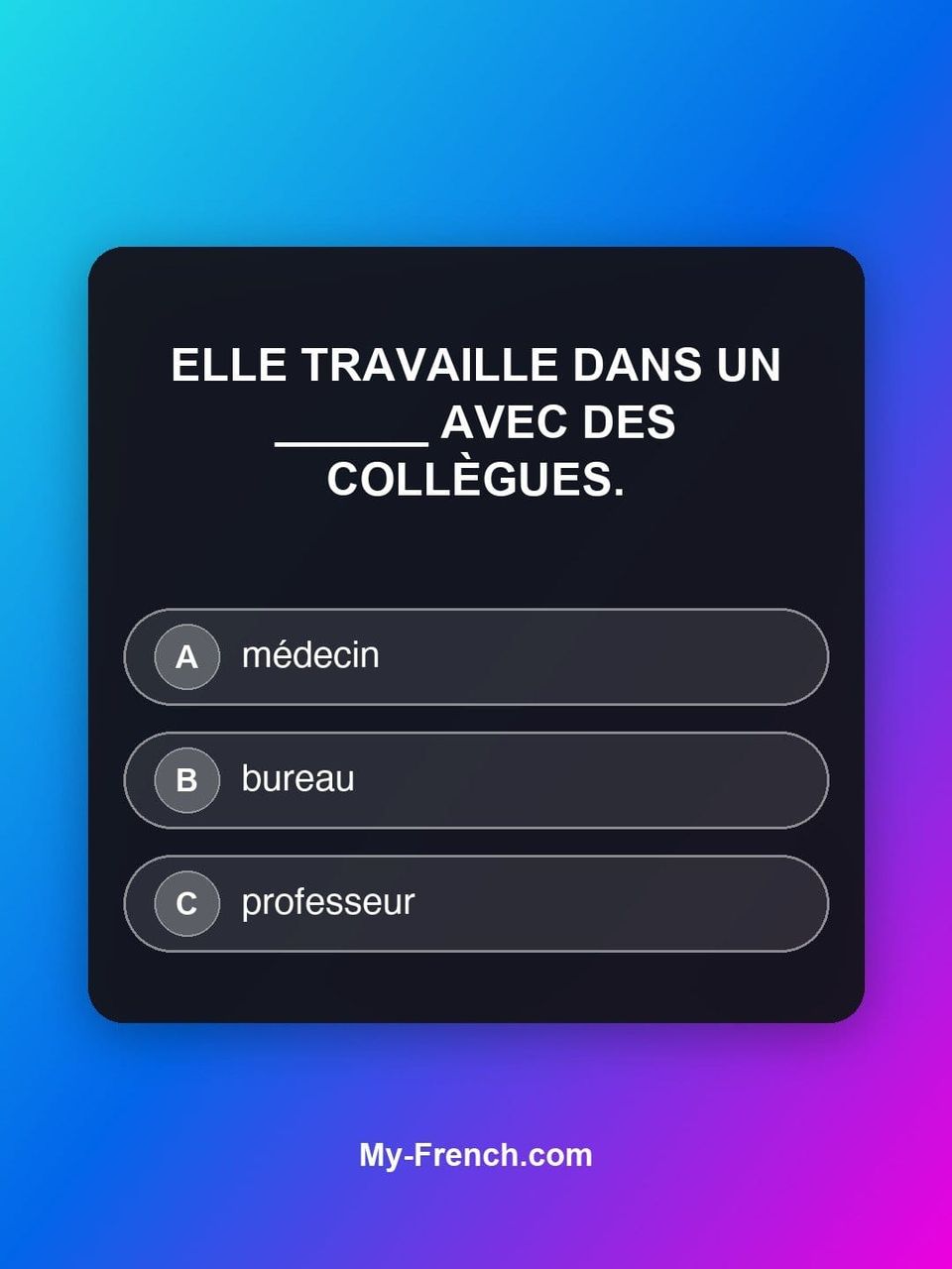 Quiz de français — Niveau A1 : Elle travaille dans un ______ avec des collègues.