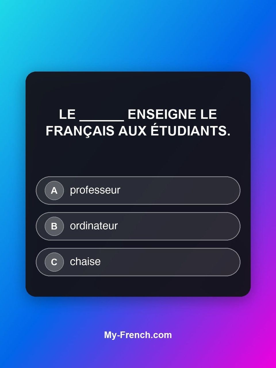 Quiz de français — Niveau A1 : Le ______ enseigne le français aux étudiants.