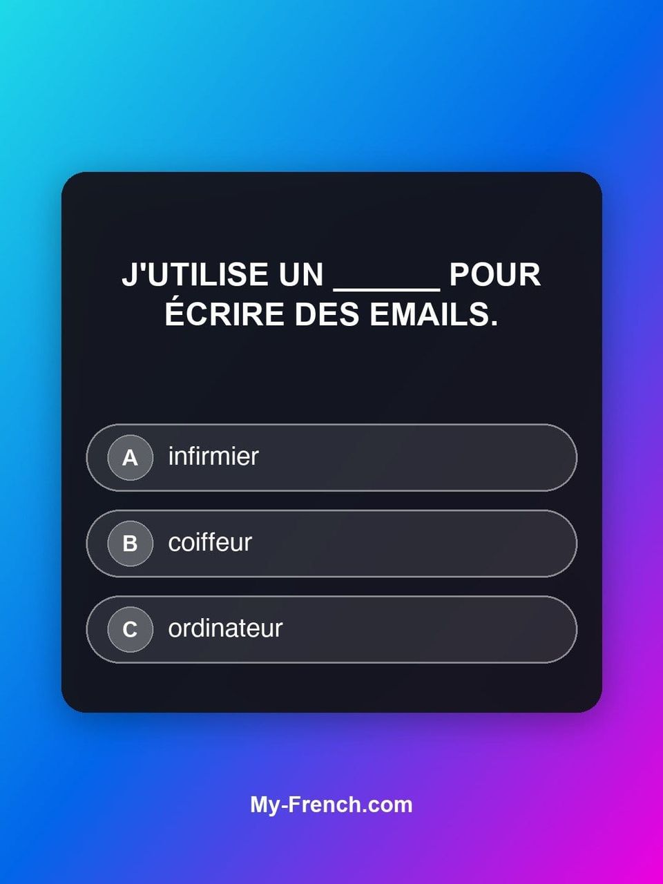Quiz de français — Niveau A1 : J'utilise un ______ pour écrire des emails.