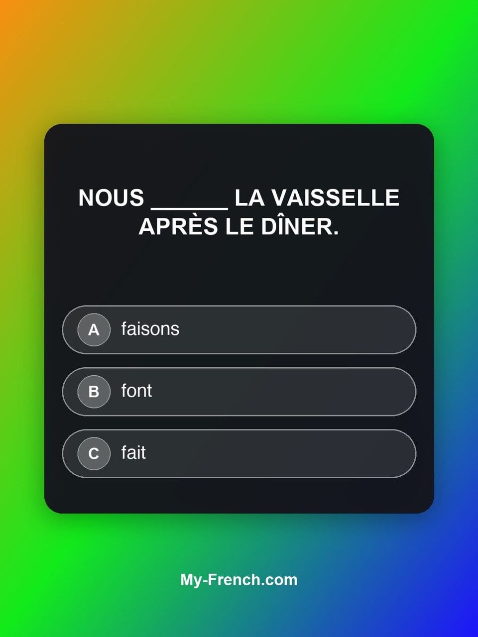 Quiz de français — Niveau A1 : Nous ______ la vaisselle après le dîner.