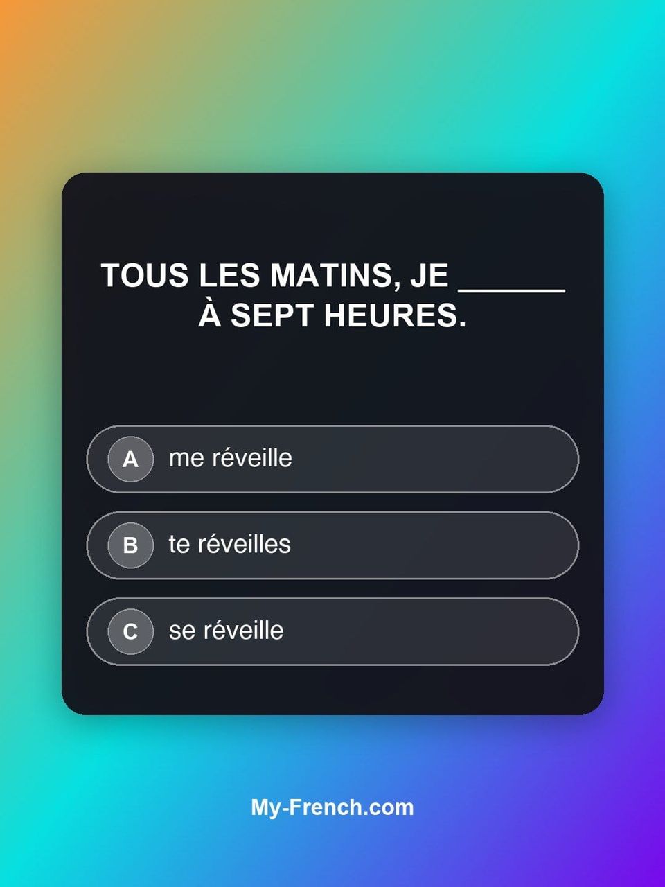 Quiz de français — Niveau A1 : Tous les matins, je ______ à sept heures.
