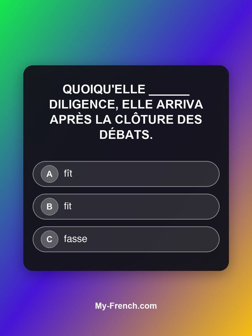Quiz de français — Niveau C2 : Quoiqu'elle ______ diligence, elle arriva après la clôture des débats.