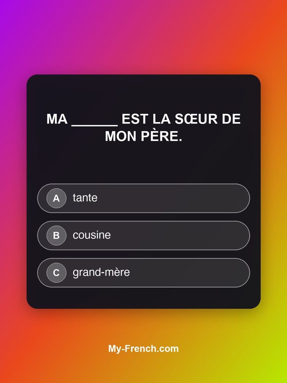 Quiz de français — Niveau A1 : Ma ______ est la sœur de mon père.