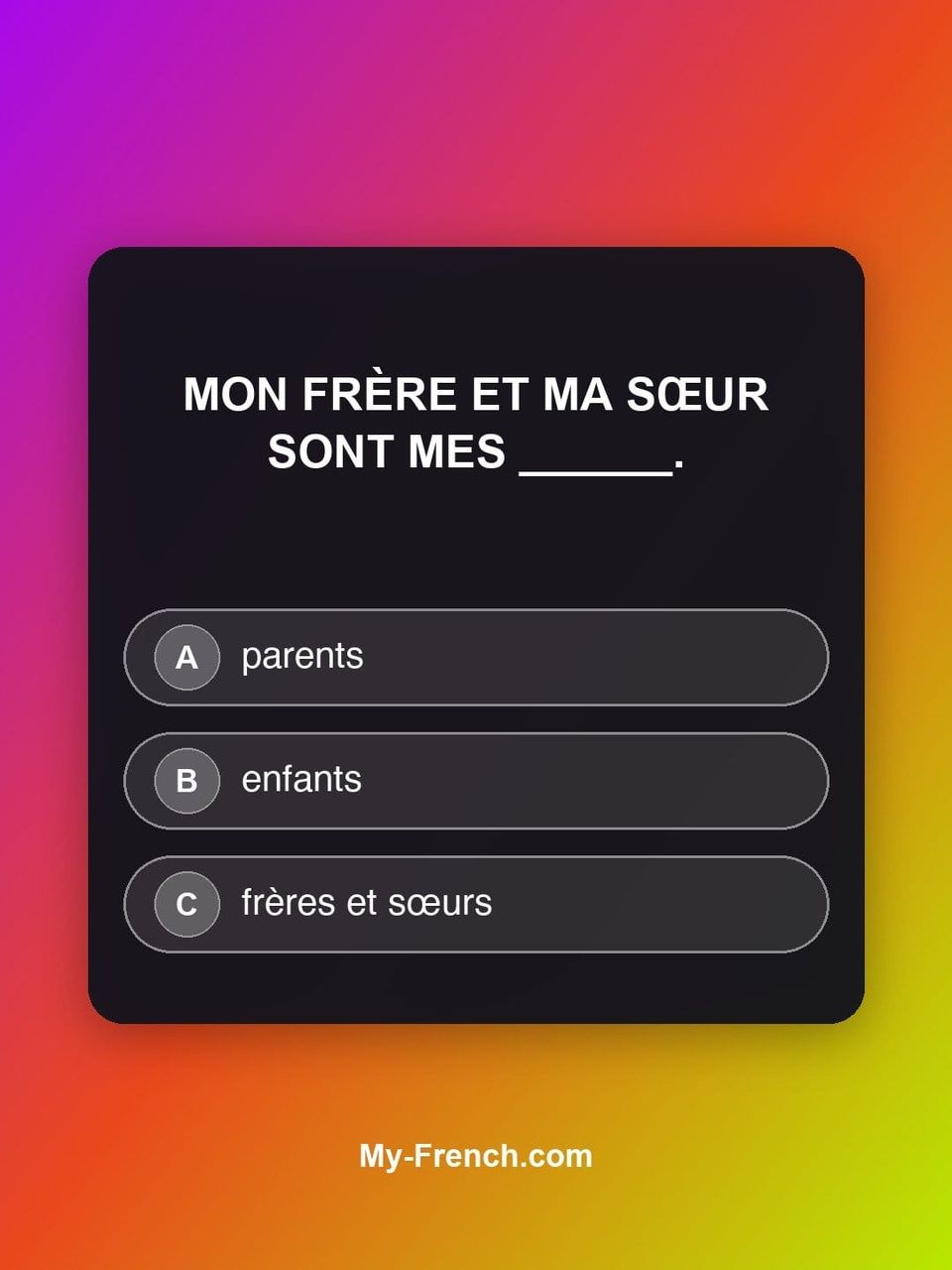 Quiz de français — Niveau A1 : Mon frère et ma sœur sont mes ______.