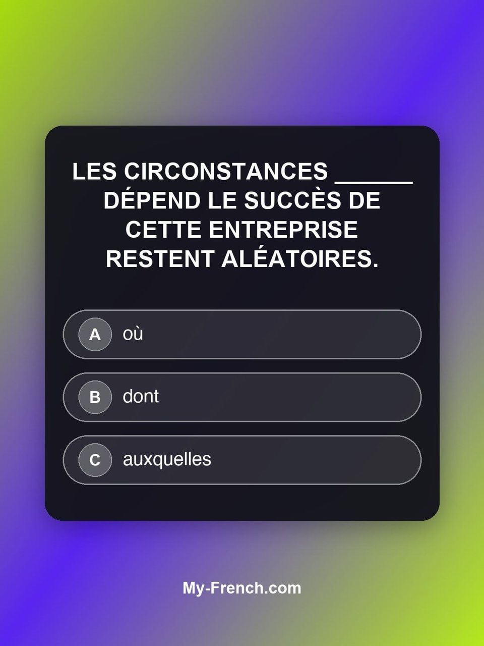 Quiz de français — Niveau C2 : Les circonstances ______ dépend le succès de cette entreprise restent