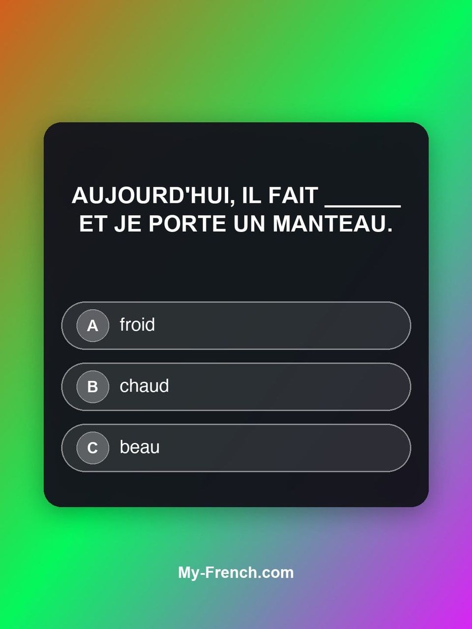 Quiz de français — Niveau A1 : Aujourd'hui, il fait ______ et je porte un manteau.