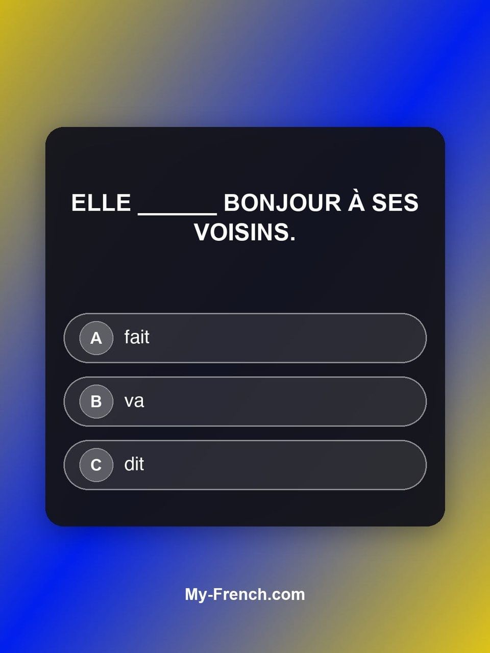 Quiz de français — Niveau A1 : Elle ______ bonjour à ses voisins.