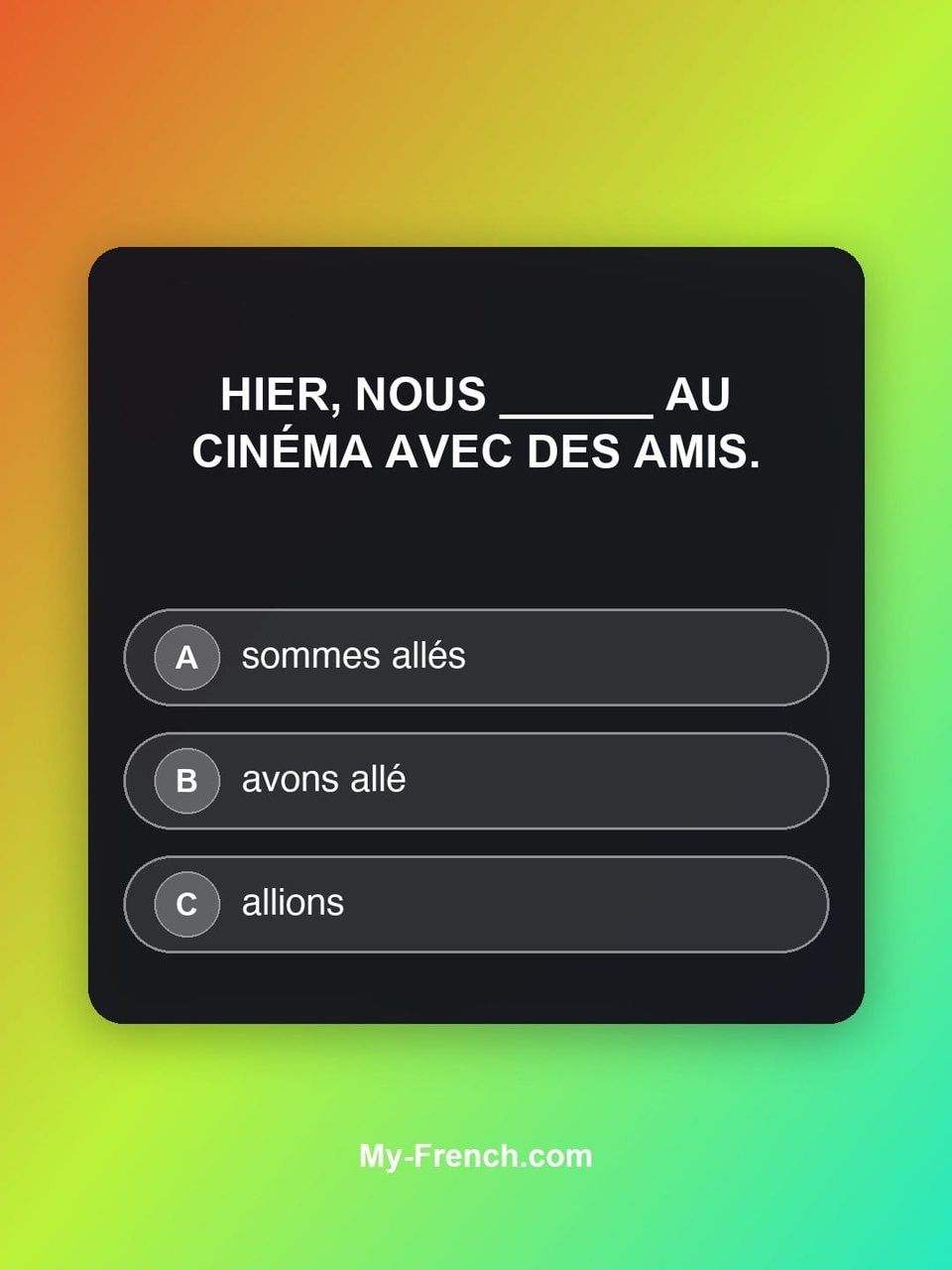 Quiz de français — Niveau B1 : Hier, nous ______ au cinéma avec des amis.